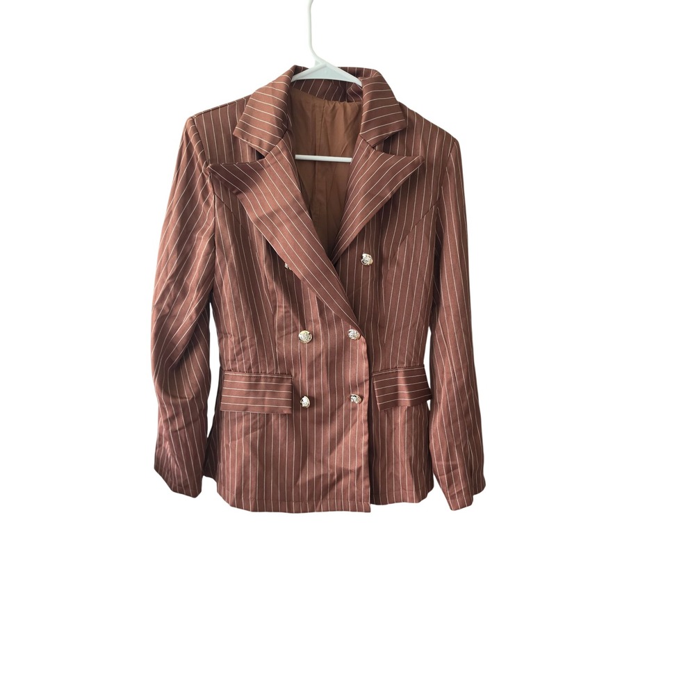 Unbranded Pinstripe Pant Suit Women M Brown Excellent Double Breasted Blazer Set